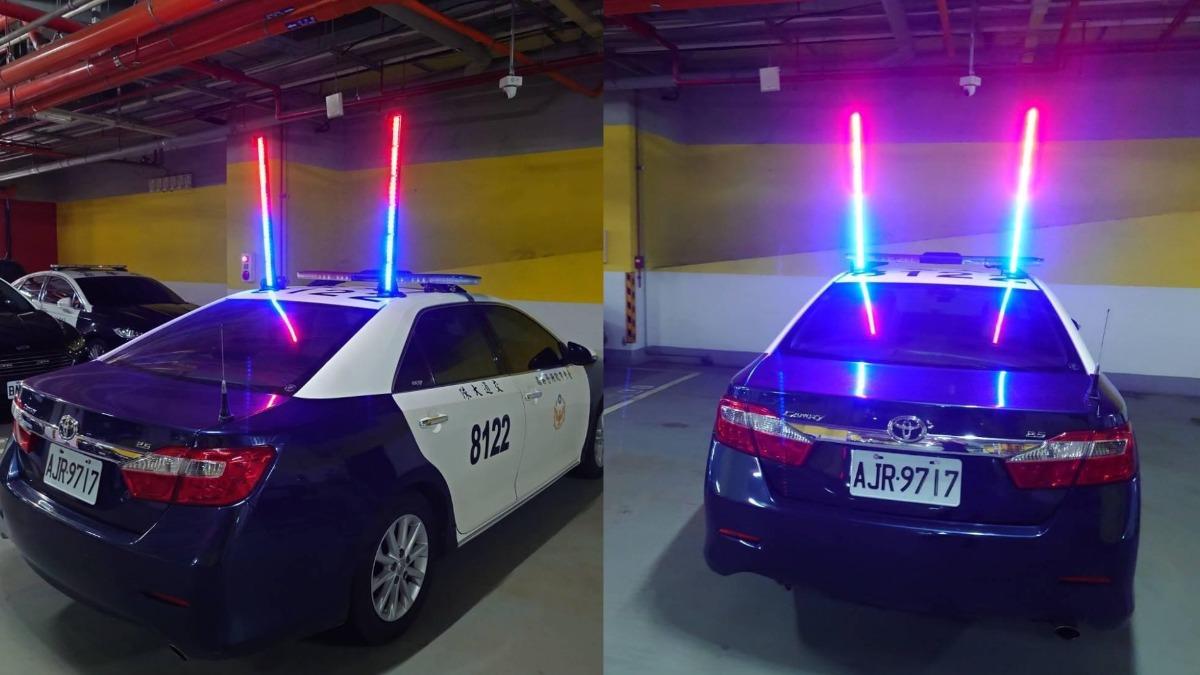 透過兩根「螢光天線」讓警車位子更顯眼，避免追撞事故發生。（圖／翻攝自台中市政府警察局交通大隊）
