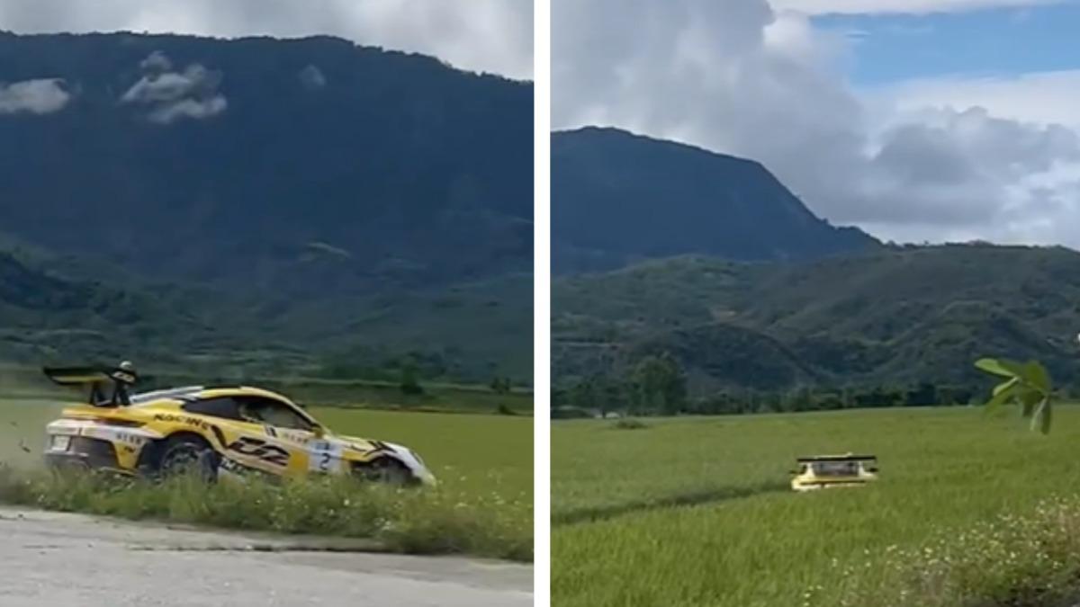 廖老大的賽車墜入田中。（圖／翻攝自記者爆料網）