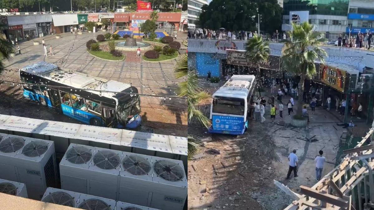 江西一輛公車離奇衝破護欄、墜落B1，造成9人受傷送醫。（圖／翻攝自微博）