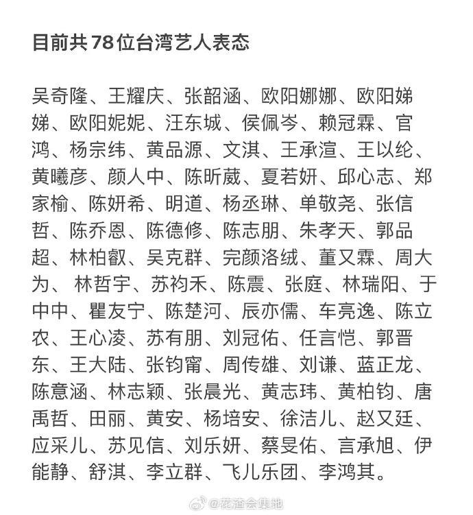 78名台灣藝人表態，支持回歸祖國。（圖／翻攝自微博）