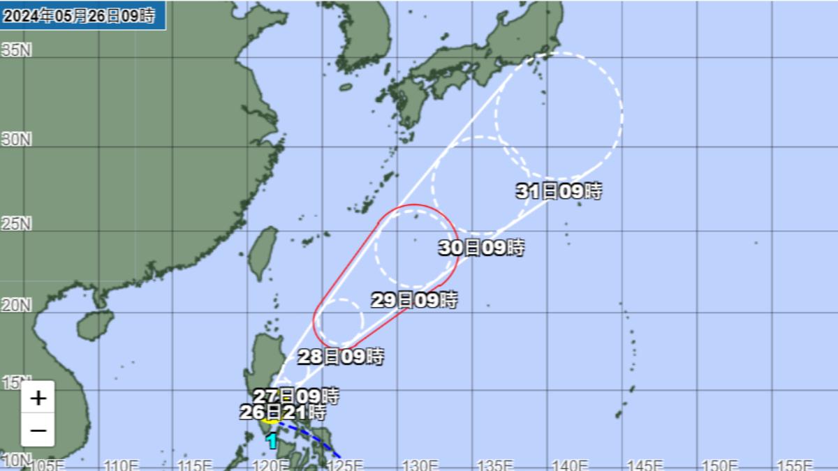 日本氣象廳預測首颱艾維尼路徑。（圖／翻攝自日本氣象廳）