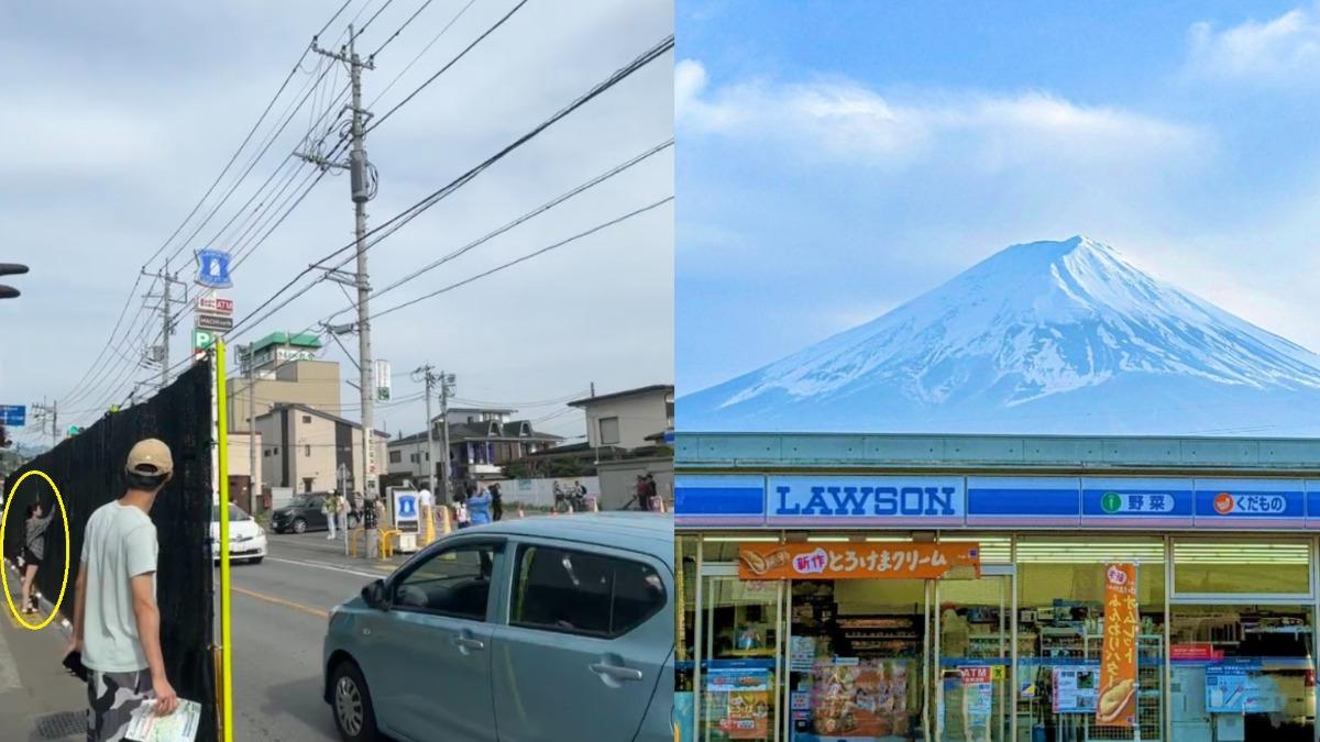 陸網友指出，有中國遊客為了拍攝富士山，在黑幕上挖洞。（圖／翻攝自小紅書@小美kazumi、X@minatomirai0773）