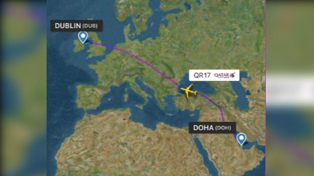 卡達航空QR17航班遇亂流釀傷，平安降落都柏林。（圖／翻攝自推特@flightradar24）