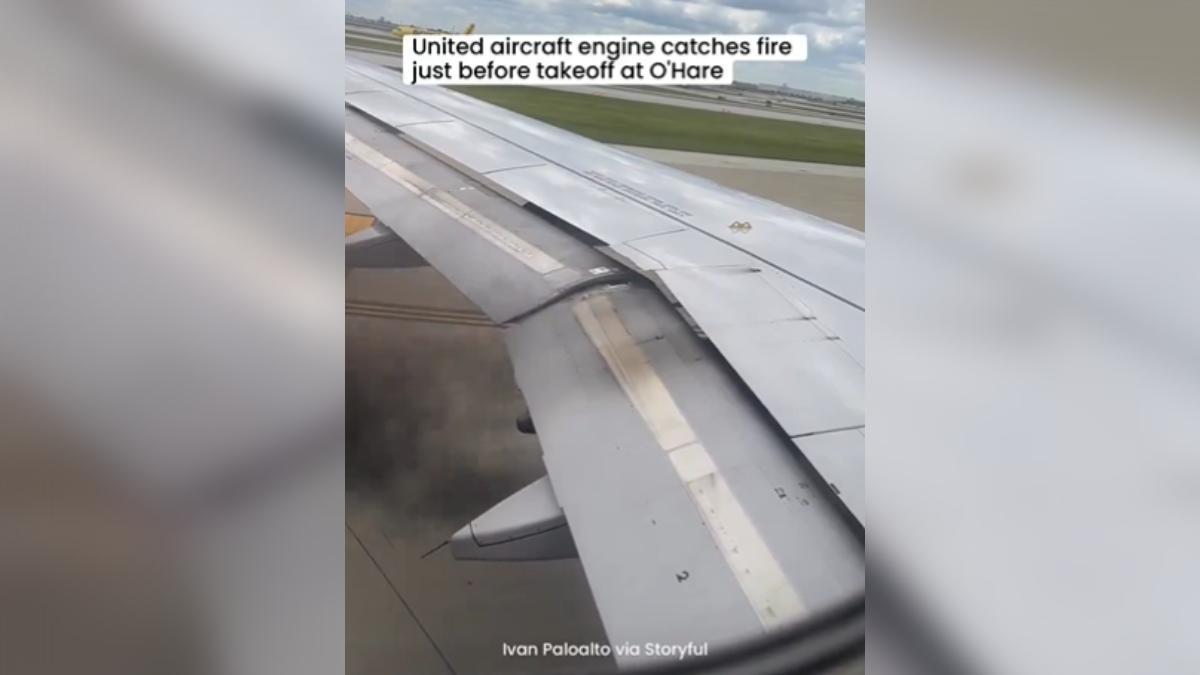 美國聯合航空（United Airlines）空中巴士起飛前引擎起火冒黑煙。（圖／翻攝自 X）