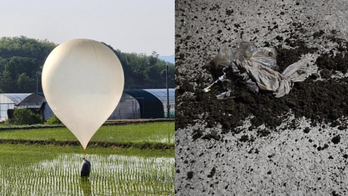 南韓軍方證實從北韓飄來約260個裝有糞便或垃圾的氣球。（圖／翻攝自X@e_jumin、hippy49_1968）