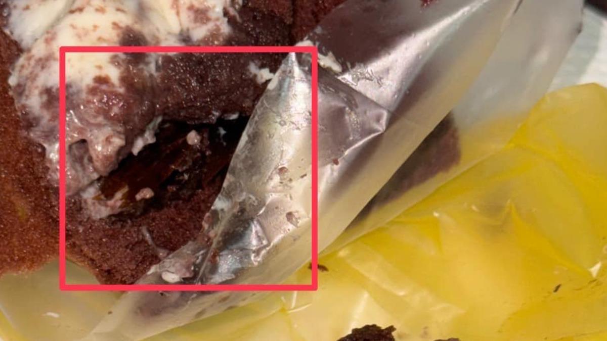 巧克力蛋糕內竟藏著大蟑螂屍體，女網友咬下吐出後崩潰發文。（圖／翻攝自爆料公社）