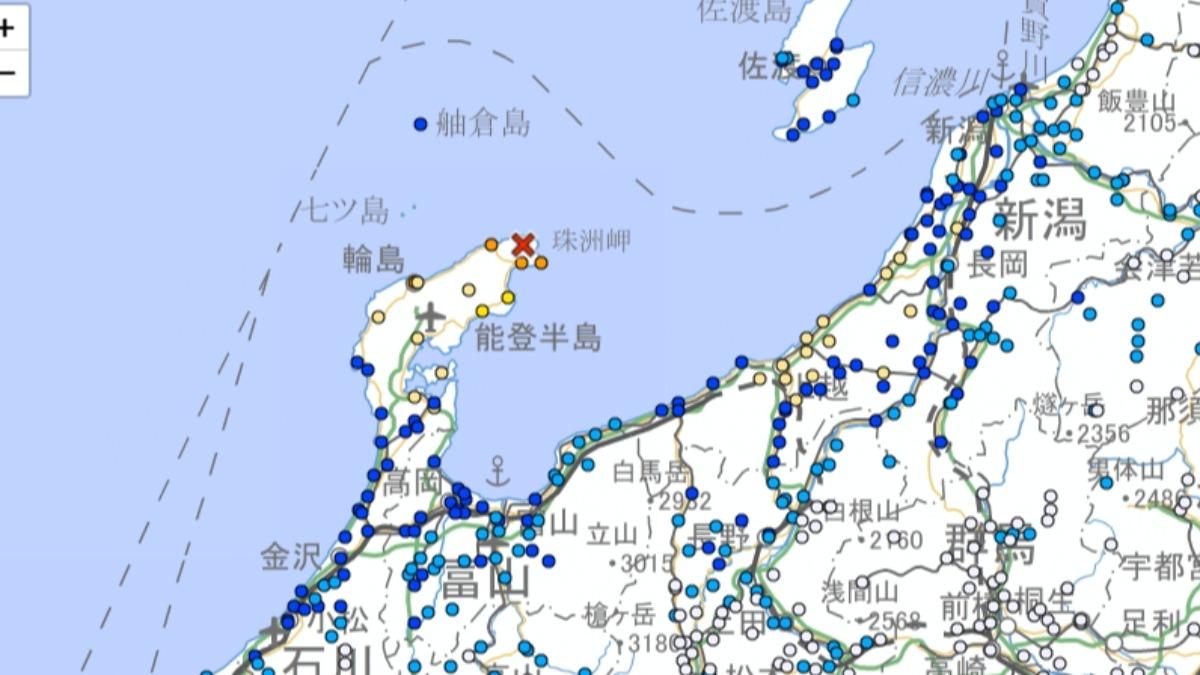 日本中部能登半島發生規模5.9地震，但是沒有發布海嘯警報。（圖／翻攝自日本氣象廳）