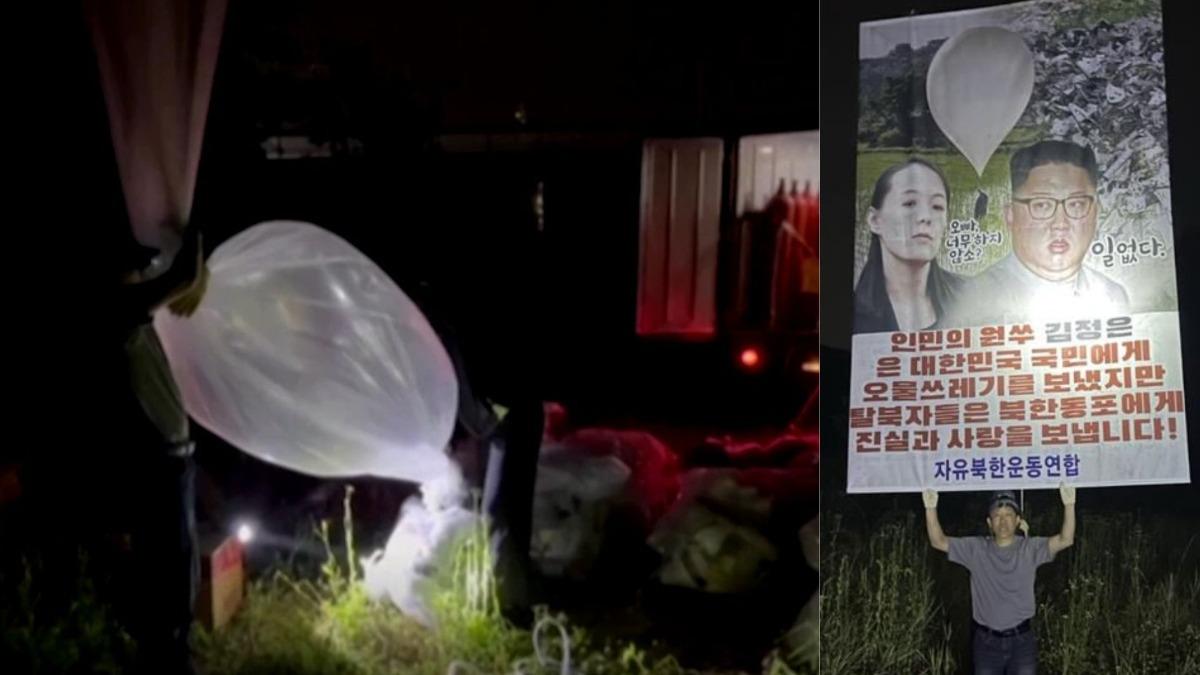 南韓脫北者公民團體「自由北韓運動聯合」於6日凌晨向北韓回送空飄氣球。（圖／翻攝自中央日報）