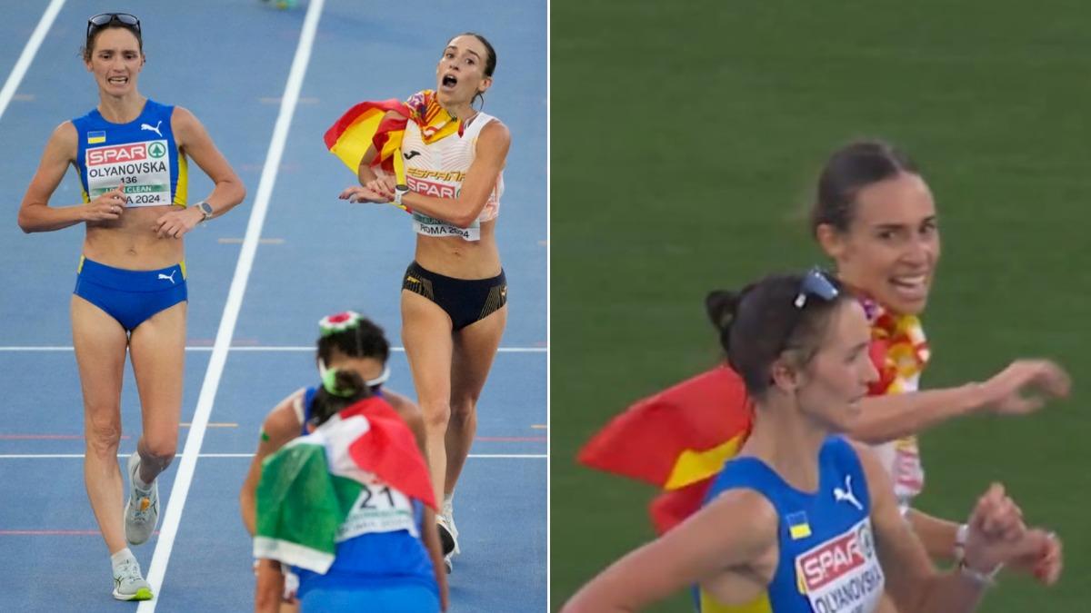 西班牙女競走選手蘿拉在終點前提早慶祝，被後面選手超越、痛失銅牌。（圖／達志影像美聯社、翻攝自X@@EuroAthletics）