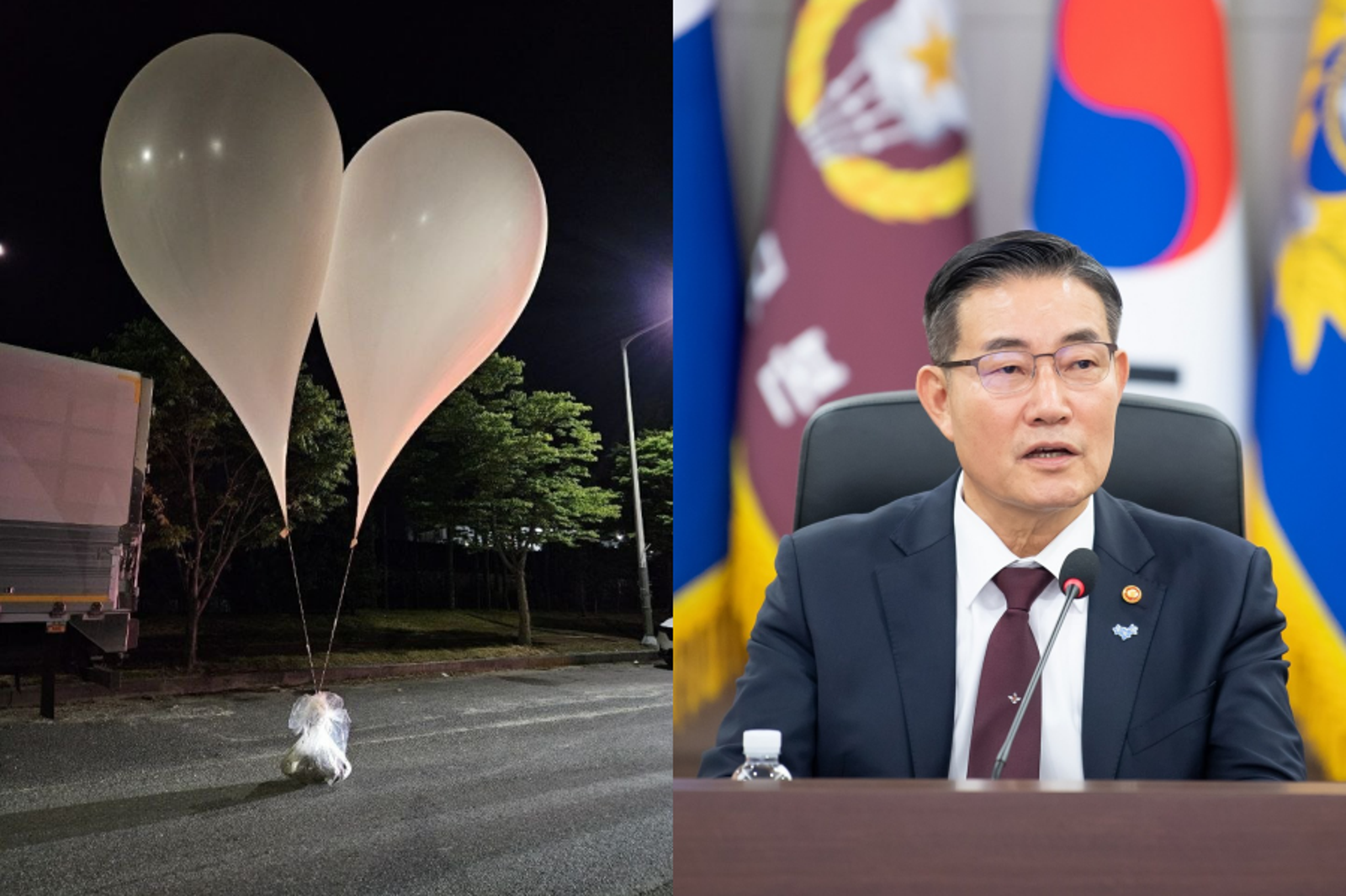 北韓近日頻頻對南韓施放「垃圾氣球」（左圖，圖為5月29日畫面），8日晚間更發動第三波攻勢，南韓國防部長申源湜（右圖）則命國軍9日執勤。（翻攝自@e_jumin X、대한민국 국방부臉書）