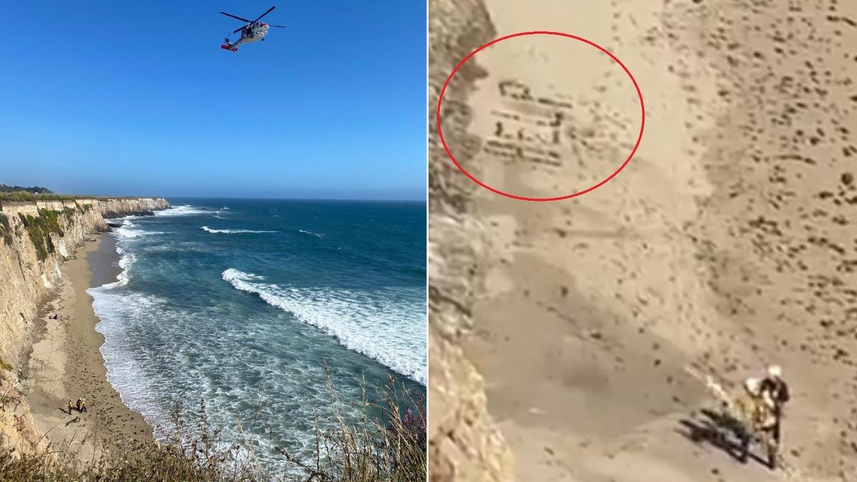 美國有名男子受困無人海灘，靈機一動用岩石排出「HELP」字樣求救。（圖／翻攝自X@CALFIRECZU）