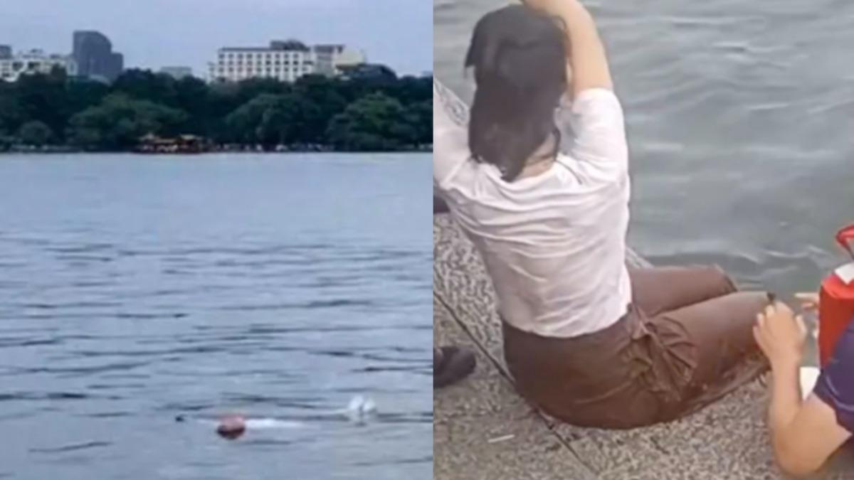 中國大陸一名女子不慎落水，冷靜平躺待救，獲網友大讚。（圖／翻攝自微博）