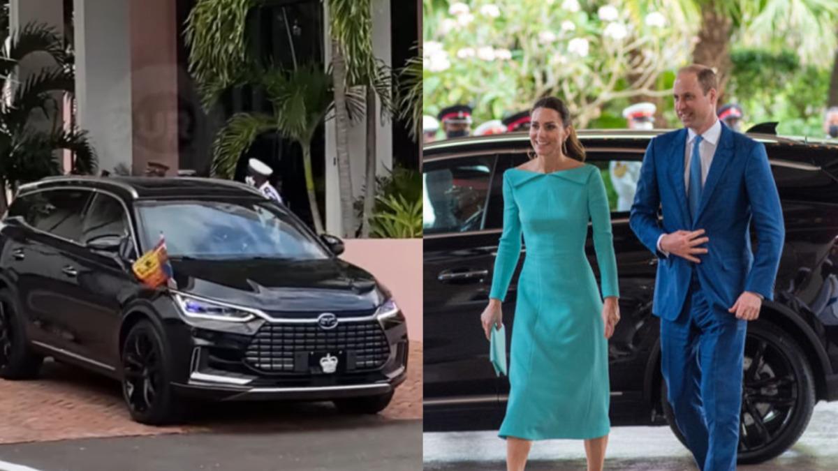 威廉與凱特2022年3月赴巴哈馬時，前來接駕的竟是「比亞迪汽車」。（圖／翻攝自 微博）