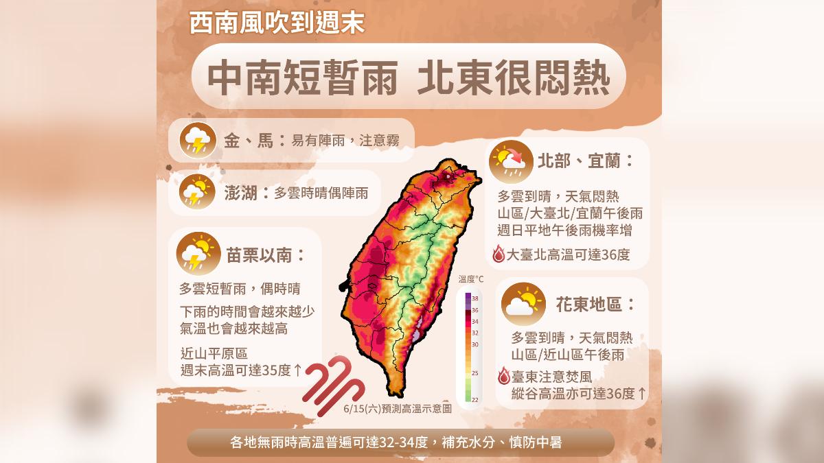 氣象署提醒西南風週末影響，臺東留意高溫。（圖/氣象署）