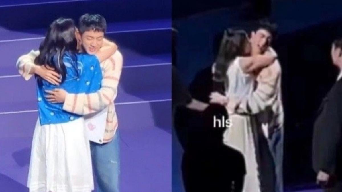 防彈少年團成員Jin在退伍活動上被兩名女粉絲強吻。（圖／翻攝自hoyoungkang77推特）