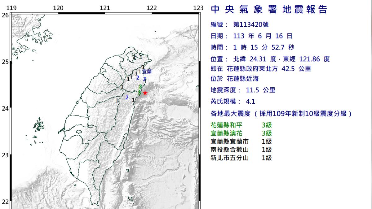 花蓮發生規模4.1地震，最大震度3級。（圖／中央氣象署）