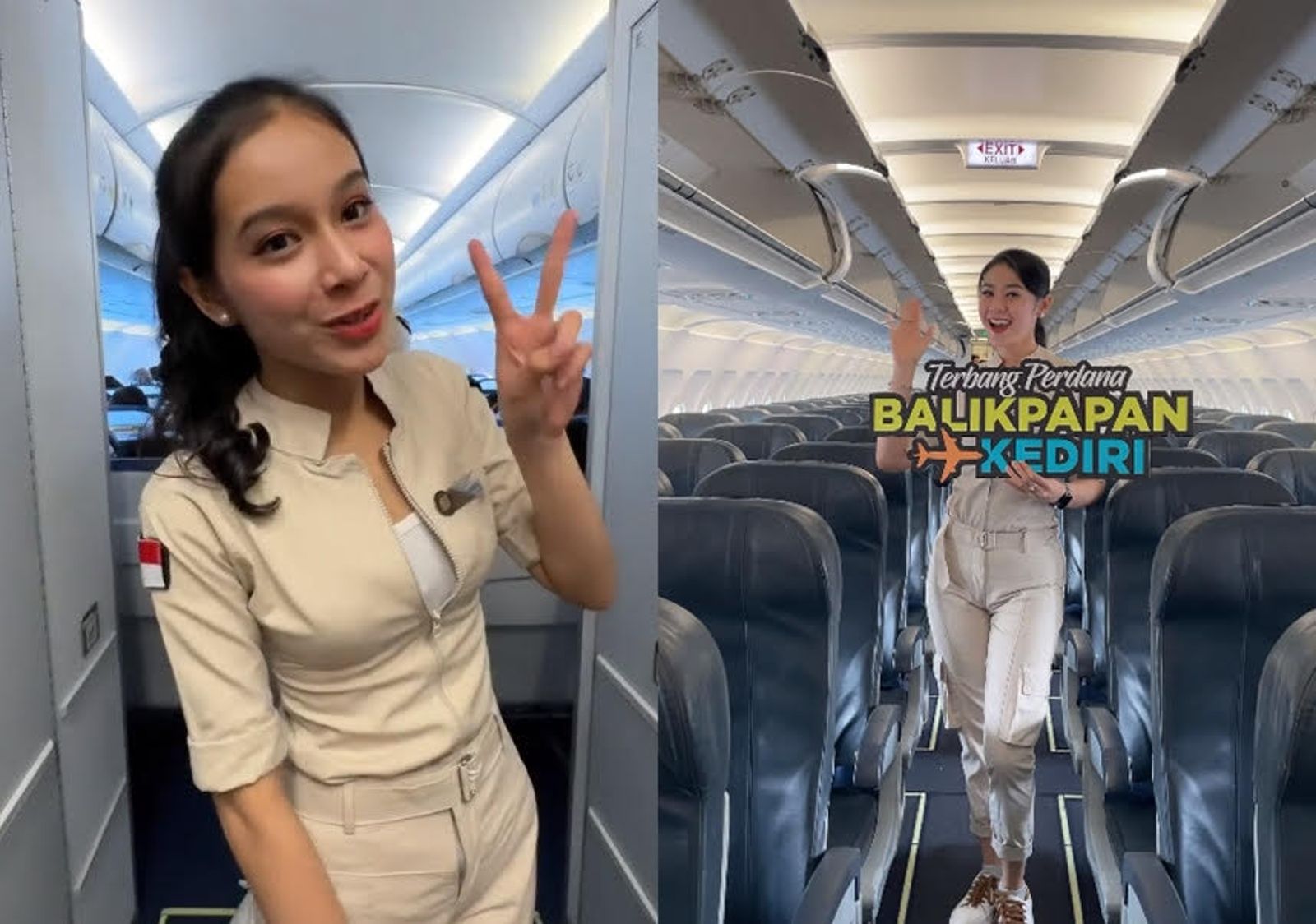 印尼空姐制服換裝成卡其色褲裝搭配小白鞋，方便工作。（翻攝IG@superairjet、抖音@ikhwanhidayat）
