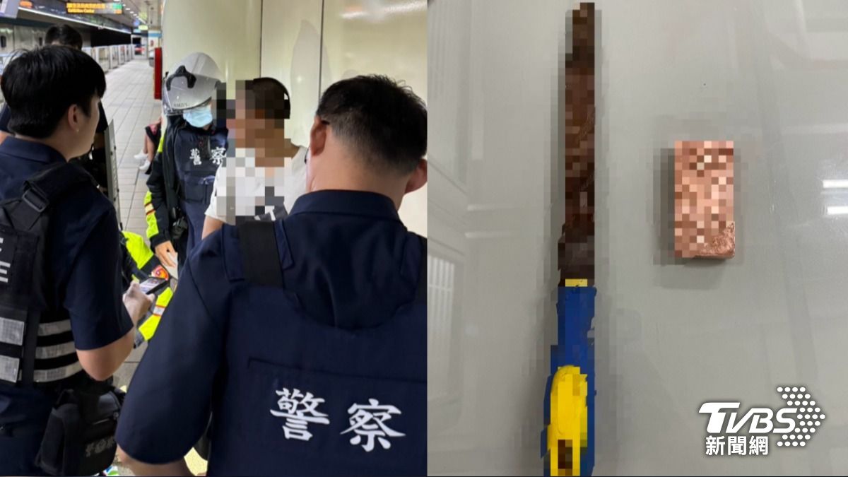 王姓工人今自捷運海山站上車後用長約25公分銼刀磨銅塊。（圖／TVBS）