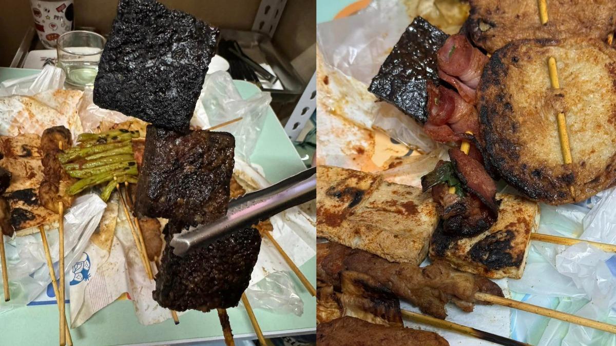 有網友控訴高雄六合夜市的烤肉烤焦還發臭。（圖／翻攝自爆廢1公社　臉書）