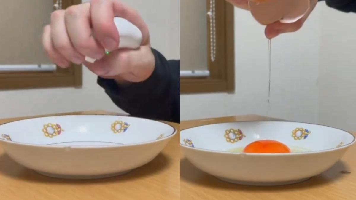 一名日本網友實測用AirPods練習單手打蛋的動作，沒想到果真成功。（圖／翻攝自X）