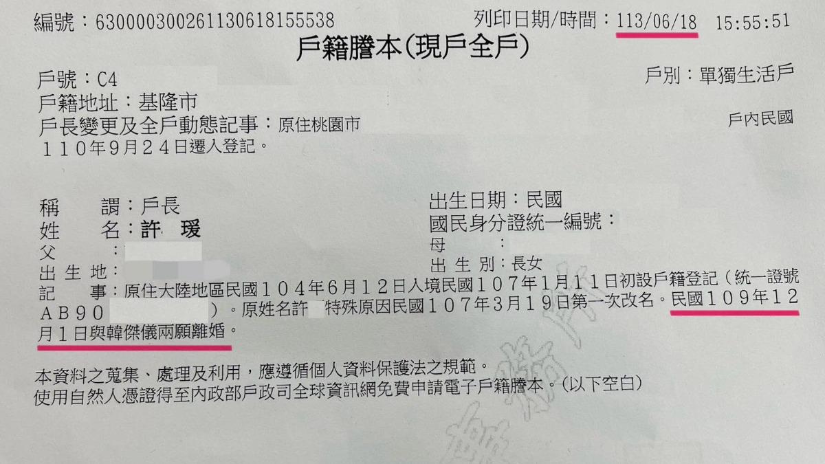 夏米雅公開日前申請的戶籍謄本,證實早已離婚。(圖/夏米雅提供)