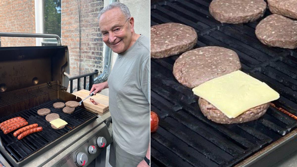 美國參議院多屬黨領袖舒默在父親節發文，卻因為在生漢堡排上放起司而被罵到刪文。（圖／翻攝自X@ImMeme0）