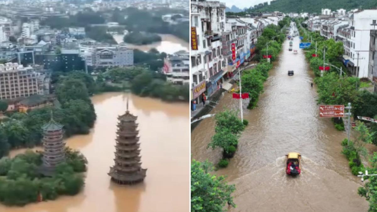 桂林多個知名地標慘遭水淹。（圖／翻攝自 微博）