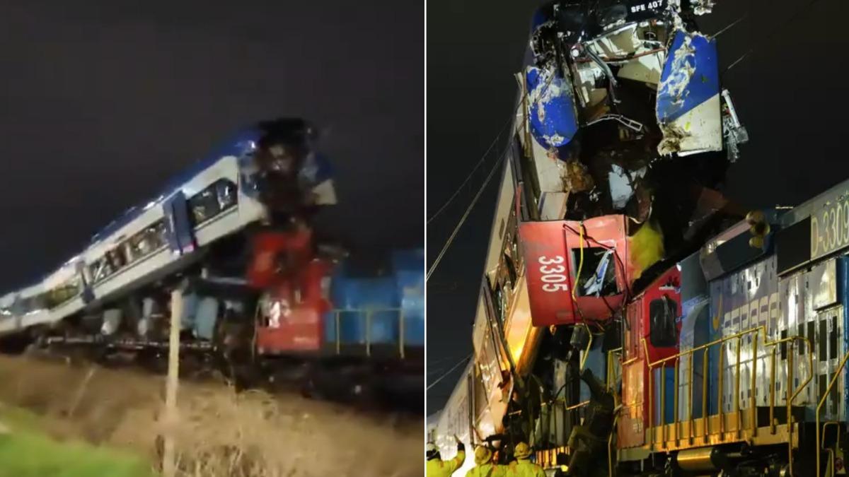 智利20日發生嚴重的火車對撞事故，事後火車呈現「交疊」狀態，恐怖程度宛若台灣1991年的「造橋事件」。（圖／翻攝自X@upuknews1、@XNewsJournal）