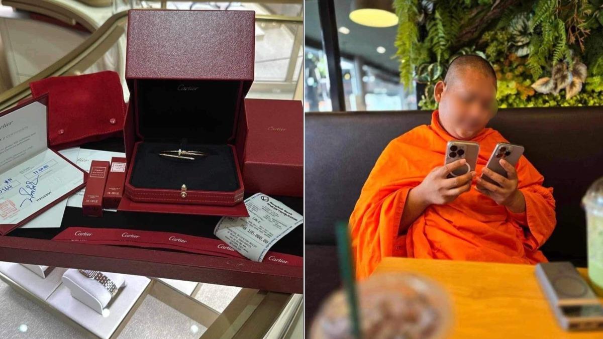 泰國有名僧侶在社群大肆炫富，甚至曬出購買卡地亞鑽石手鐲的照片。（圖／翻攝自Facebook@อีซ้อขยี้ข่าว3）