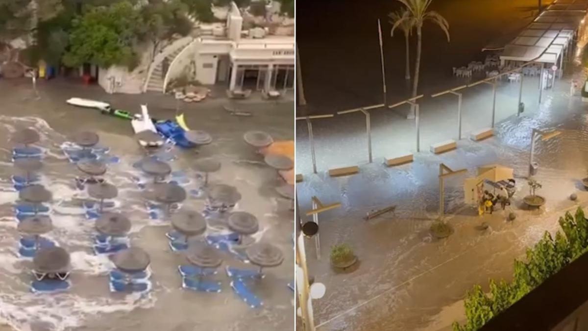 西班牙渡假勝地梅諾卡島和馬略卡島均遭到「氣象海嘯」襲擊。（圖／翻攝自X@volcaholic1、YouTube@The Sun）