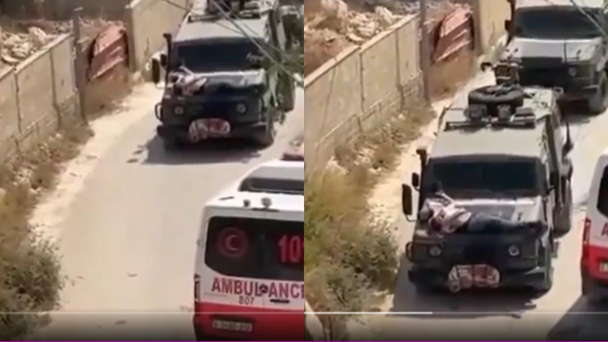 網傳巴勒斯坦男子被以色列軍隊綁在車上。（圖／翻攝自X＠BurstBites）