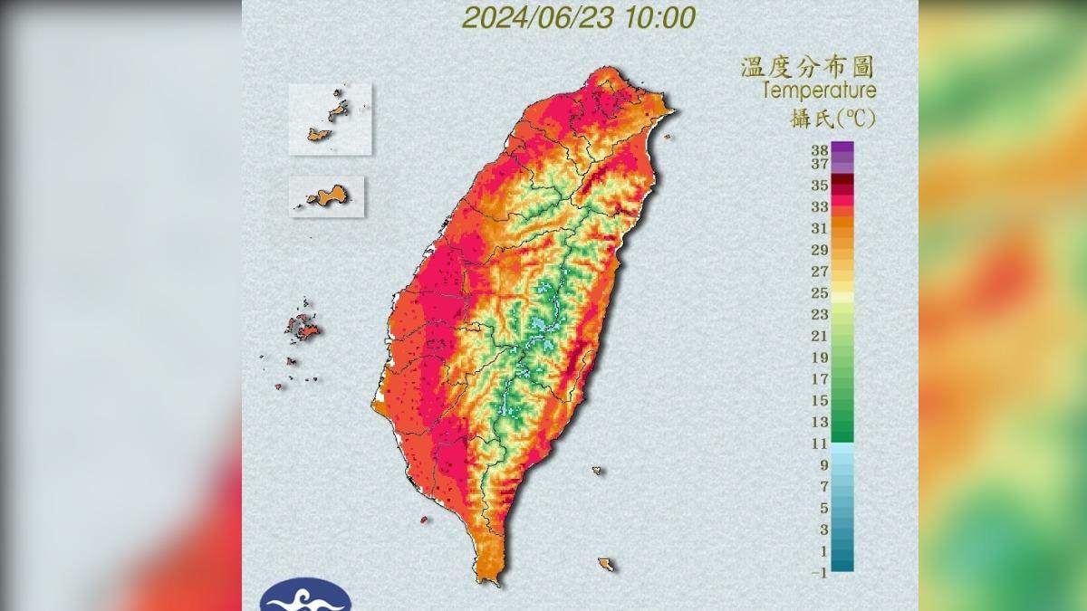 全台16縣市亮高溫燈號，台北社子島一早飆上36度。（圖／中央氣象署）