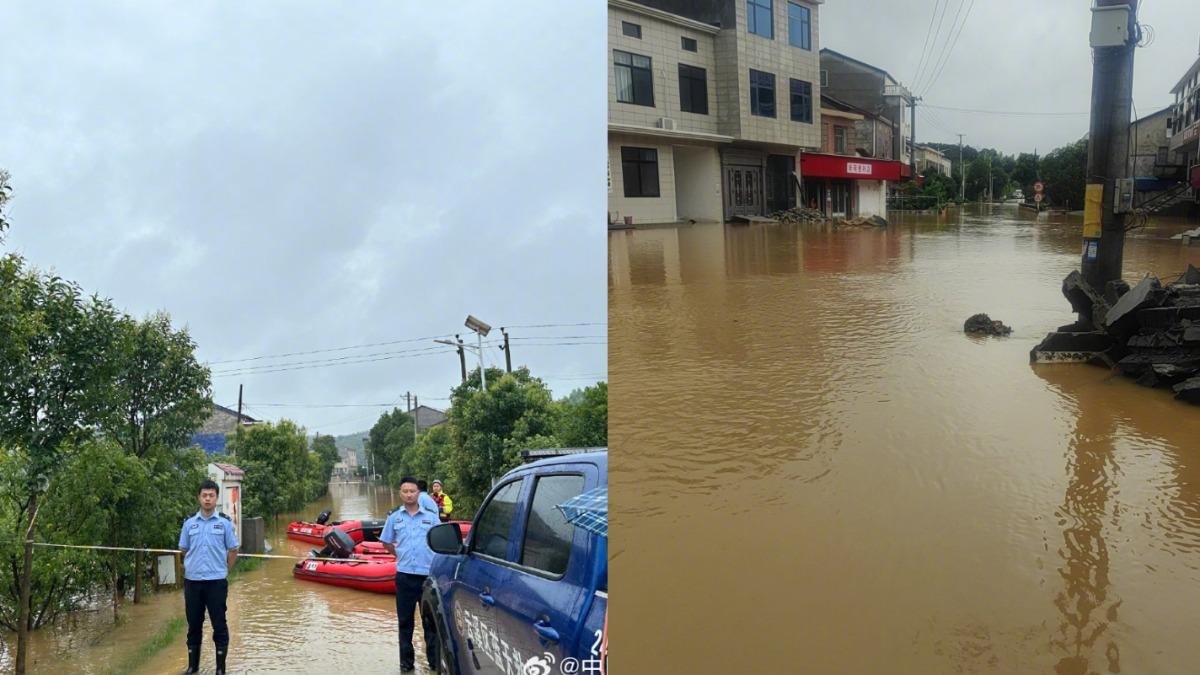 中國大陸湖南省暴雨不斷，道路淹成河。（圖／翻攝自 微博）