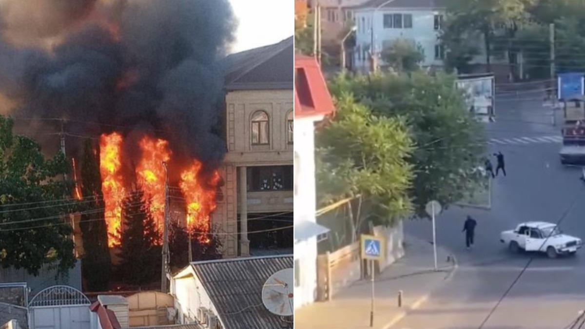 俄羅斯街頭建築物起火燃燒，爆發槍戰。（圖／翻攝自X）