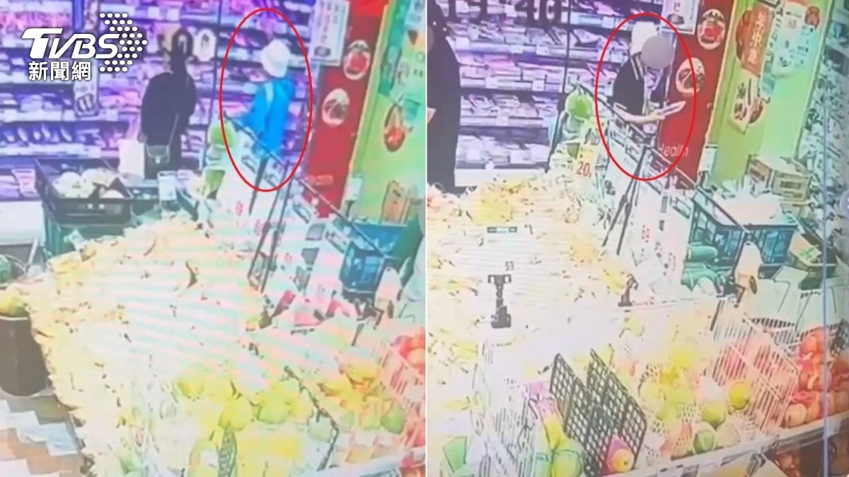 婦人多次在超市內竊取牛肋條，過程全被監視器拍下。（圖／TVBS）