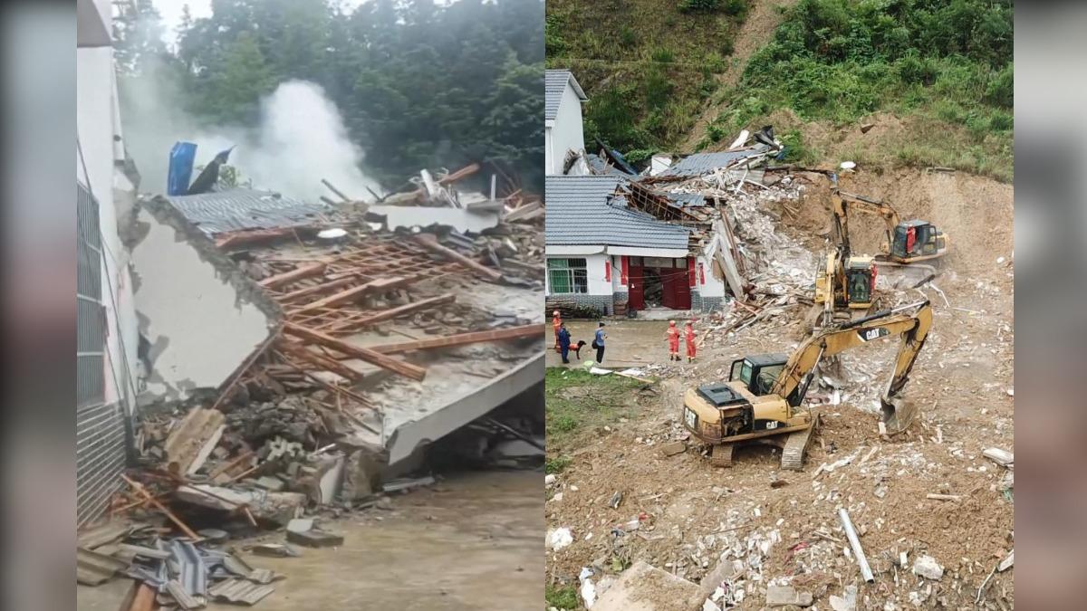 湖南省懷化市一處村莊發生山崩，造成4棟房屋倒損8人死亡。（圖／翻攝自《澎湃新聞》）