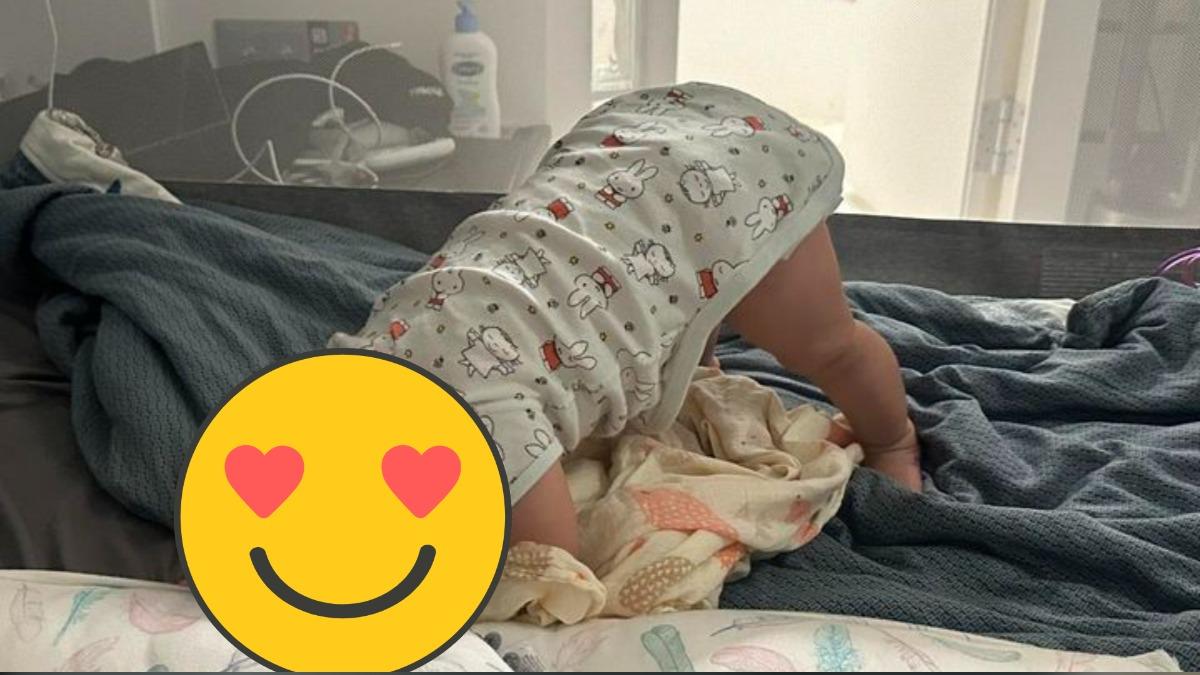 蘿莉塔女兒睡覺突然呈現「拱橋」動作。（圖／翻攝自蘿莉塔臉書）