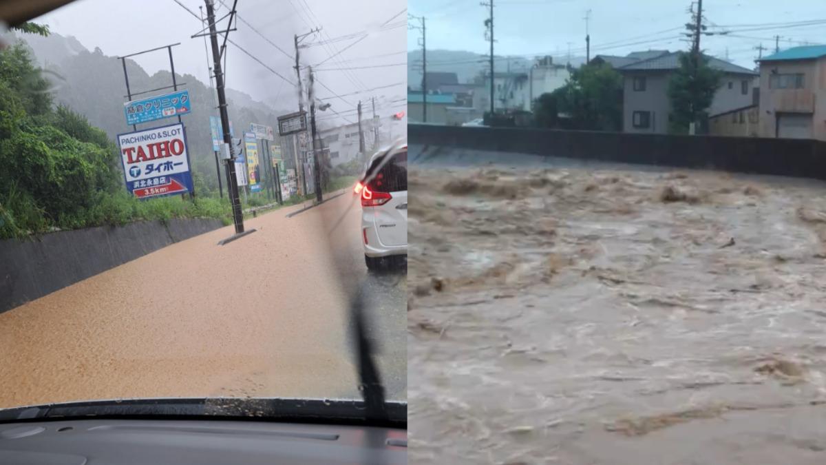 受到梅雨鋒面等影響，日本靜岡縣等地下起暴雨，引發淹水等災情。（圖／翻攝自X@chunichi_tokai、 @xCKYOhGXgCLdgF6）