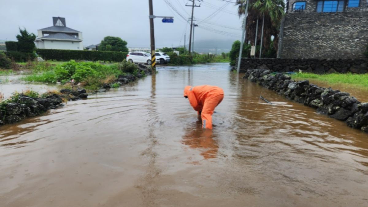 受梅雨鋒面影響，濟州部分道路淹水。（圖／翻攝自韓聯社）