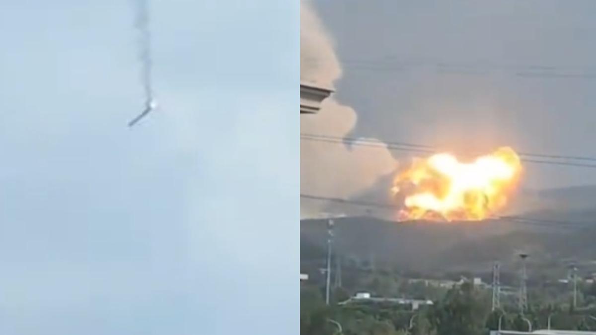 中國火箭試射，殘骸墜落竟爆炸起火。（圖／翻攝自西瓜視頻：头条热点猎手）