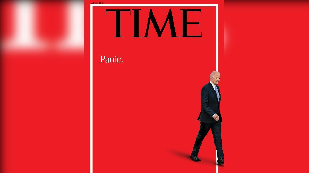 《時代雜誌》最新一期的封面，用「恐慌」和拜登獨自向外離開，表達期望他離開的態度。（圖／翻攝自官方粉專）