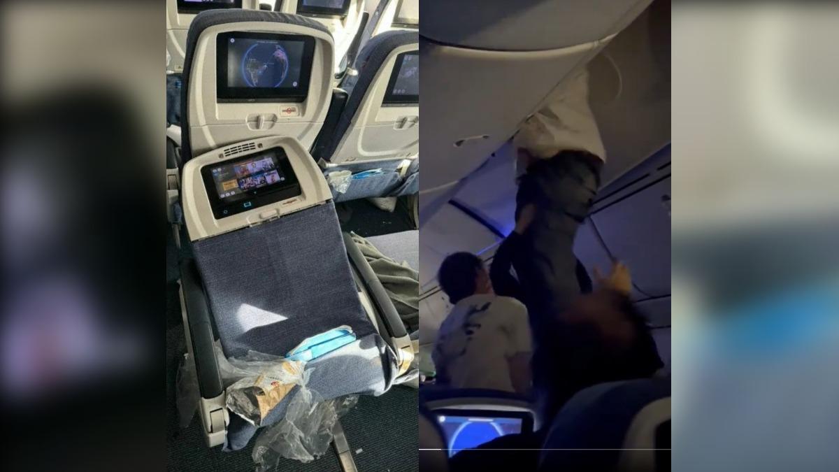 歐洲航空一架波音787客機飛行途中遭遇亂流，造成40人受傷，機艙更是嚴重受損大亂。（圖／翻攝自X @alice958）