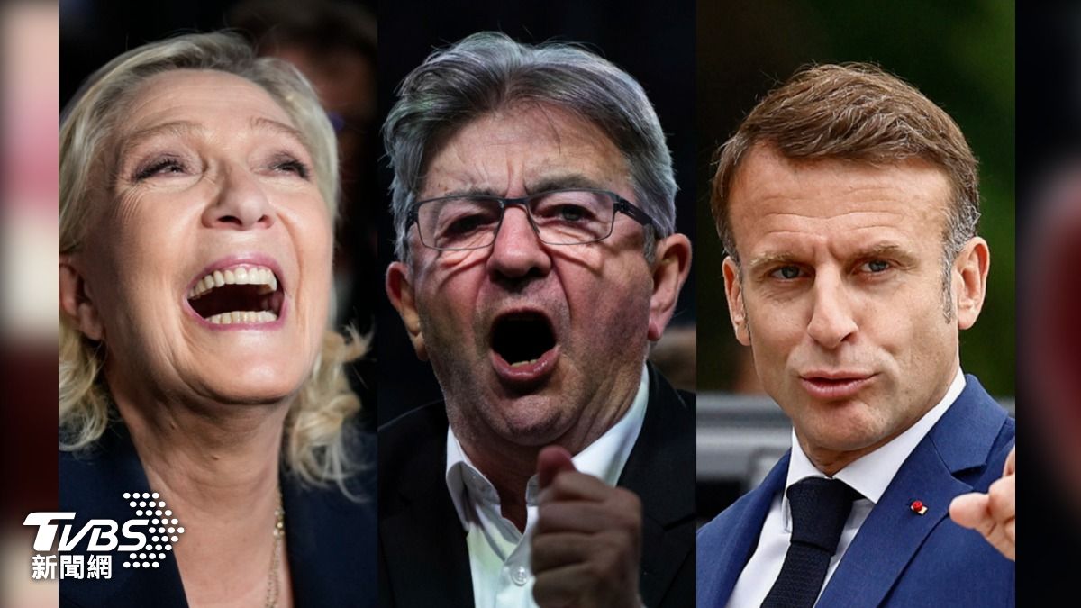 法國國會將在7日進行二輪投票，馬克宏（右）傳聞與左翼梅朗雄（中）合作，共同打擊極右派勒龐。（圖／達志影像美聯社）