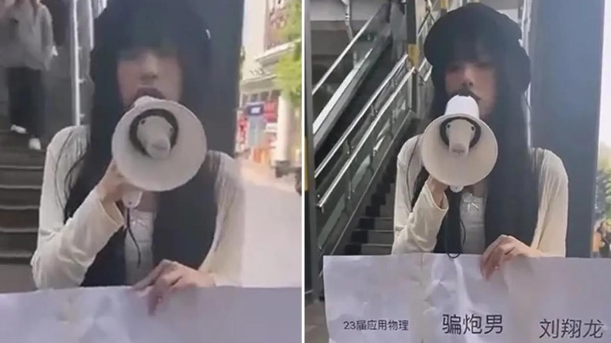 中國一名正妹手拿大聲公，在校園控訴遭性侵。（圖／翻攝自微博）