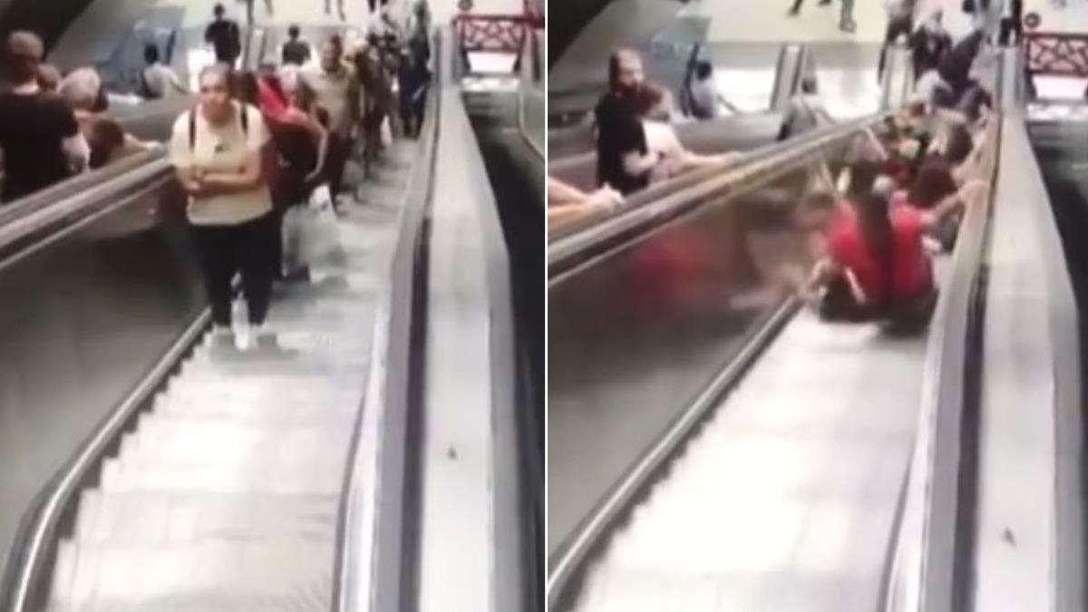 土耳其有座地鐵站的電扶梯在行駛途中突然故障，下一秒更直接往反方向移動，讓上方民眾摔成一團。（圖／翻攝自X@bpthaber）