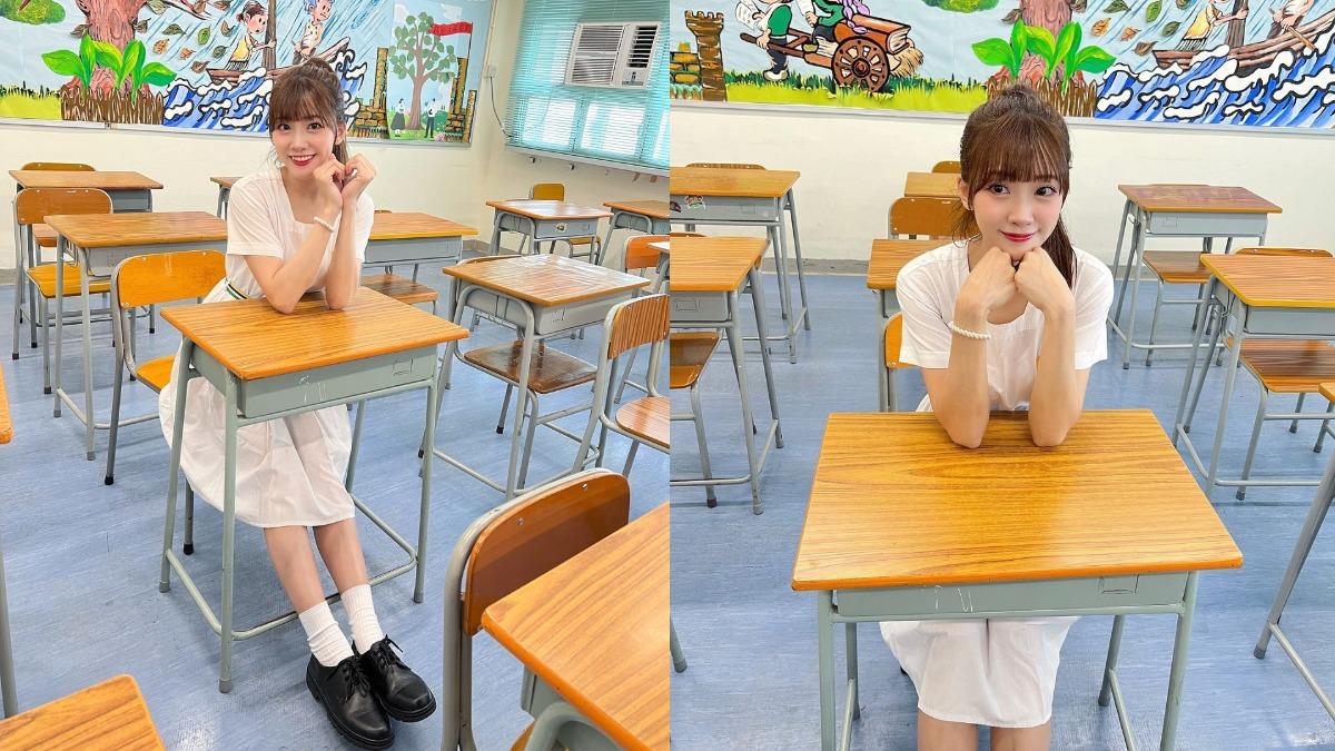 冼迪琦久違坐入課桌椅,俏皮比出愛心。(圖/翻攝自冼迪琦IG)