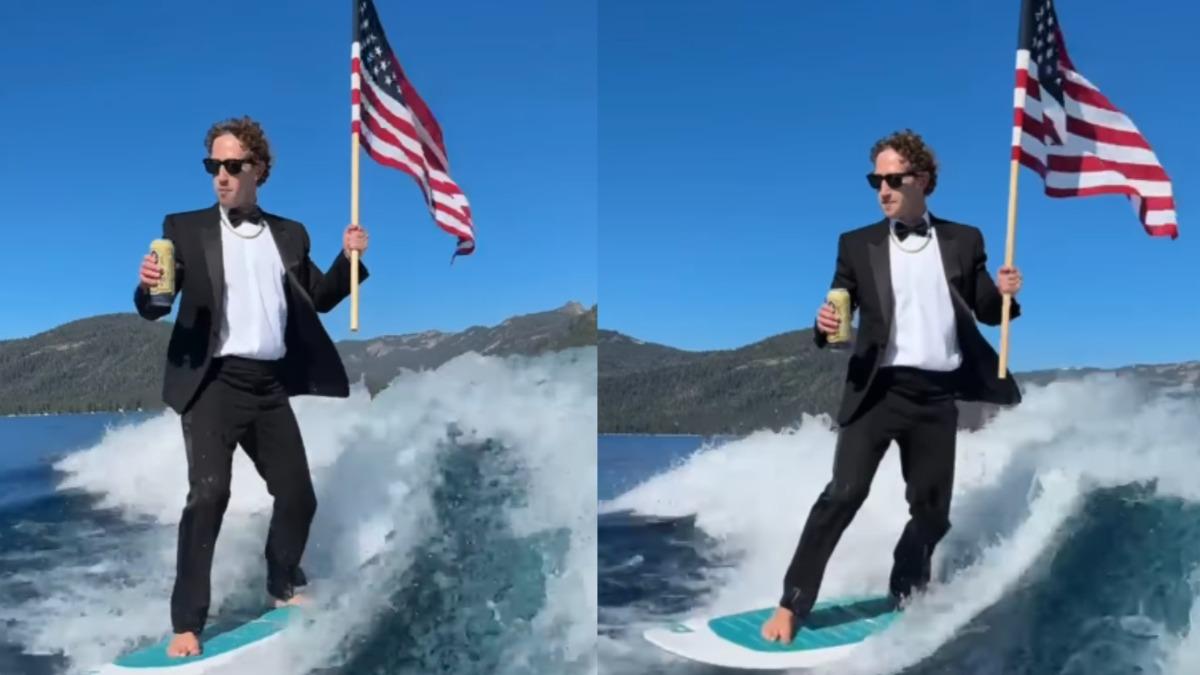 祖克柏穿燕尾服在夏威夷衝浪，慶祝美國國慶。（圖／翻攝自祖克柏IG）