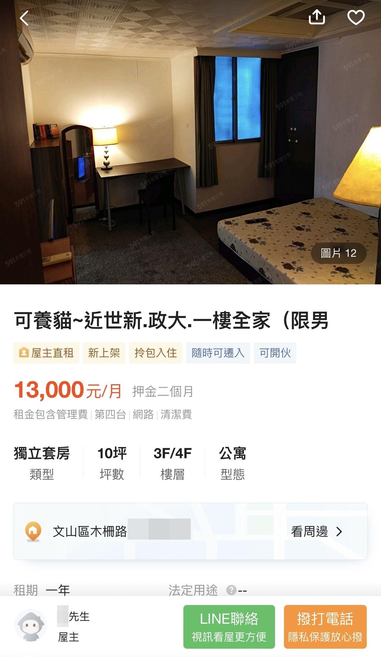 屋子位在世新大學、政治大學附近。（圖／翻攝自591租屋網）