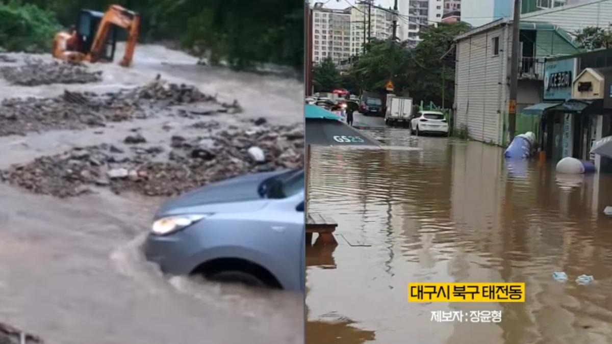 南韓多地下起「200年一度暴雨」。（圖／翻攝自韓聯社YT頻道、韓聯社X）