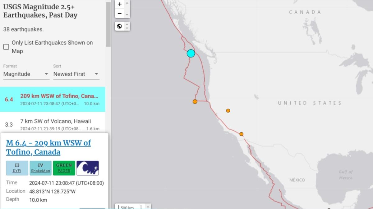 加拿大西岸外海地震。(圖／翻攝USGS)